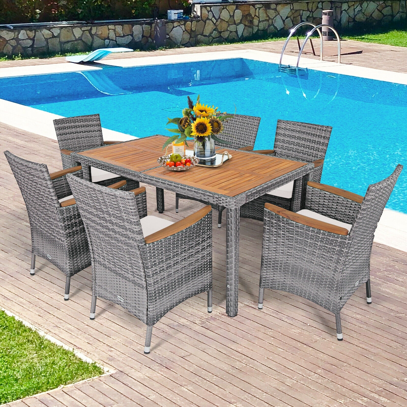 7 Pieces Patio Acacia Wood Cushioned Rattan Dining SetÂ 