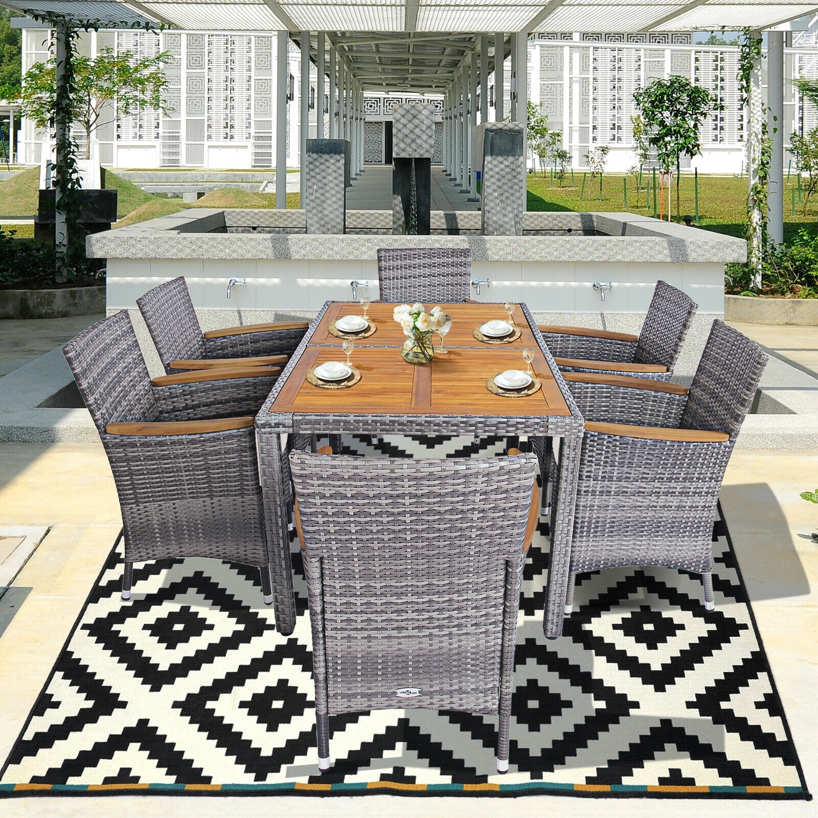 7 Pieces Patio Acacia Wood Cushioned Rattan Dining Set