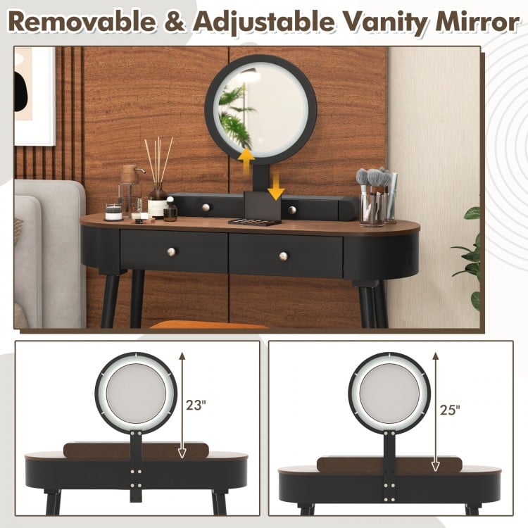Makeup Vanity Table Set with LED Mirror and 3 Spacious Drawers-Black-Brown