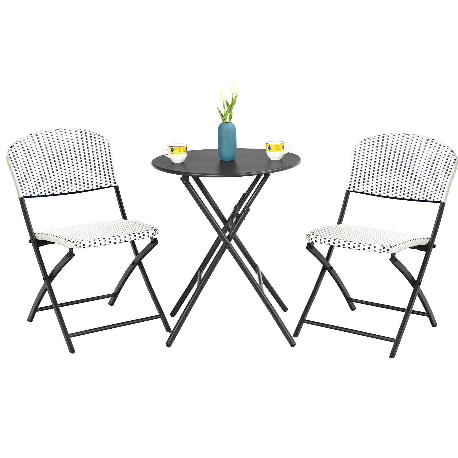 3 Pieces Patio Rattan Bistro Set with Round Dining Table and 2 Chairs