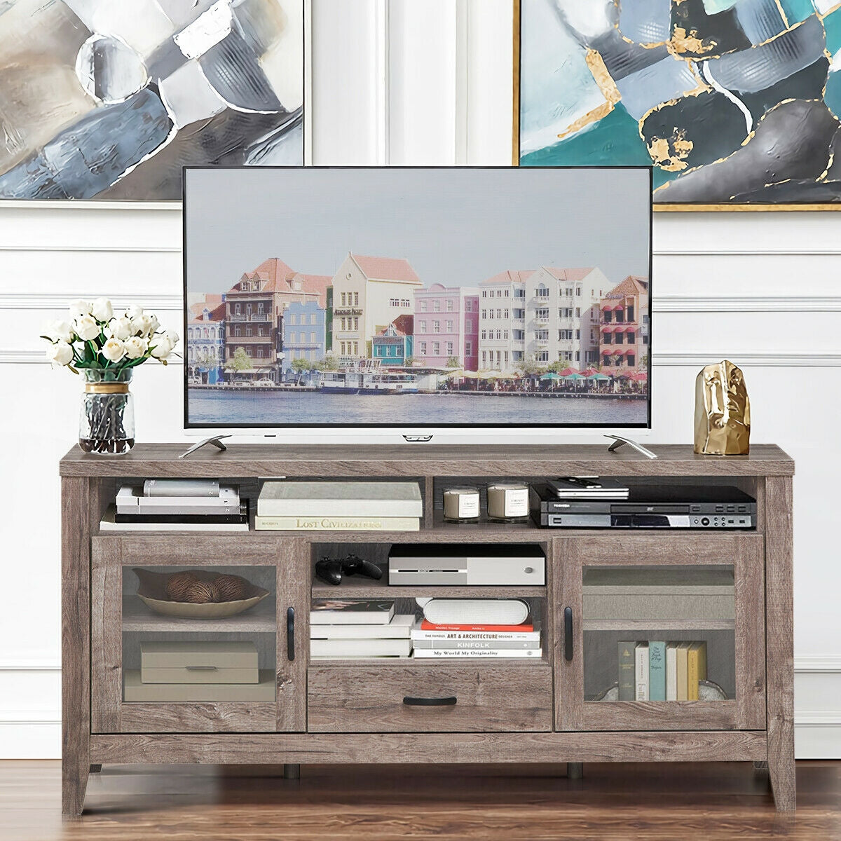 Tall TV Stand with Glass Storage and Drawer