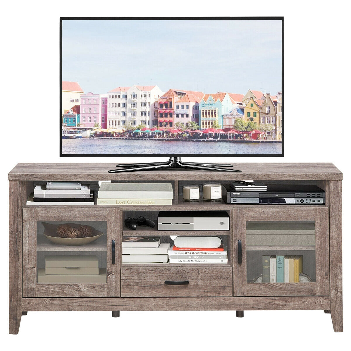 Tall TV Stand with Glass Storage and Drawer