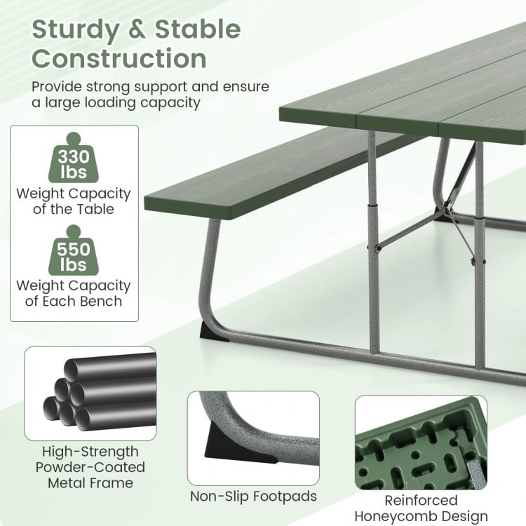 Folding Picnic Table Set with Metal Frame and All-Weather HDPE Tabletop  Umbrella Hole-Green