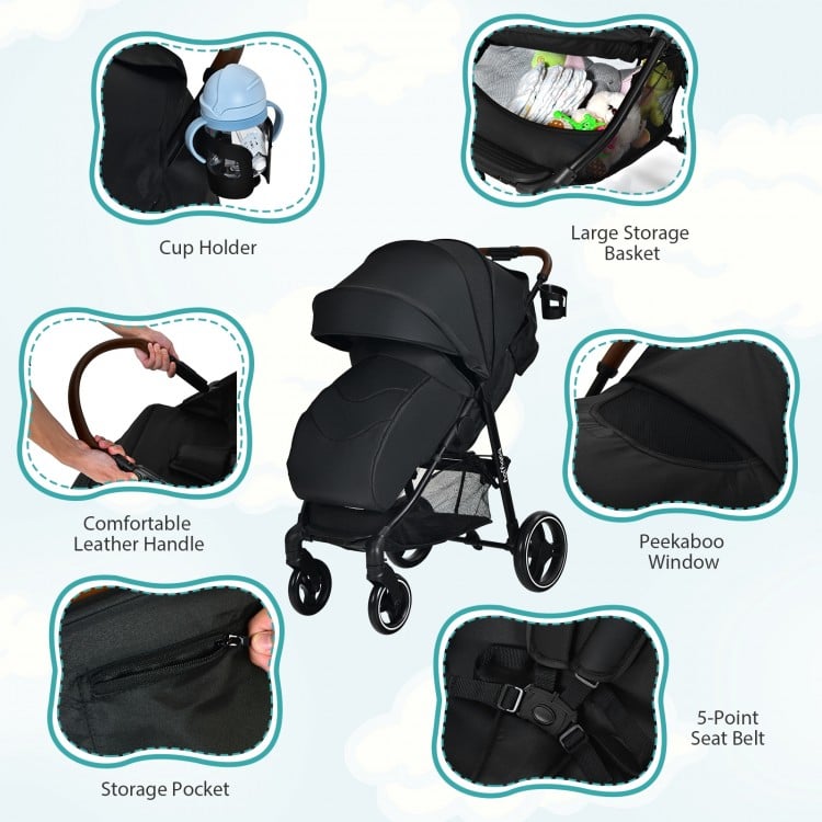 5-Point Harness Lightweight Infant Stroller with Foot Cover and Adjustable Backrest-Black