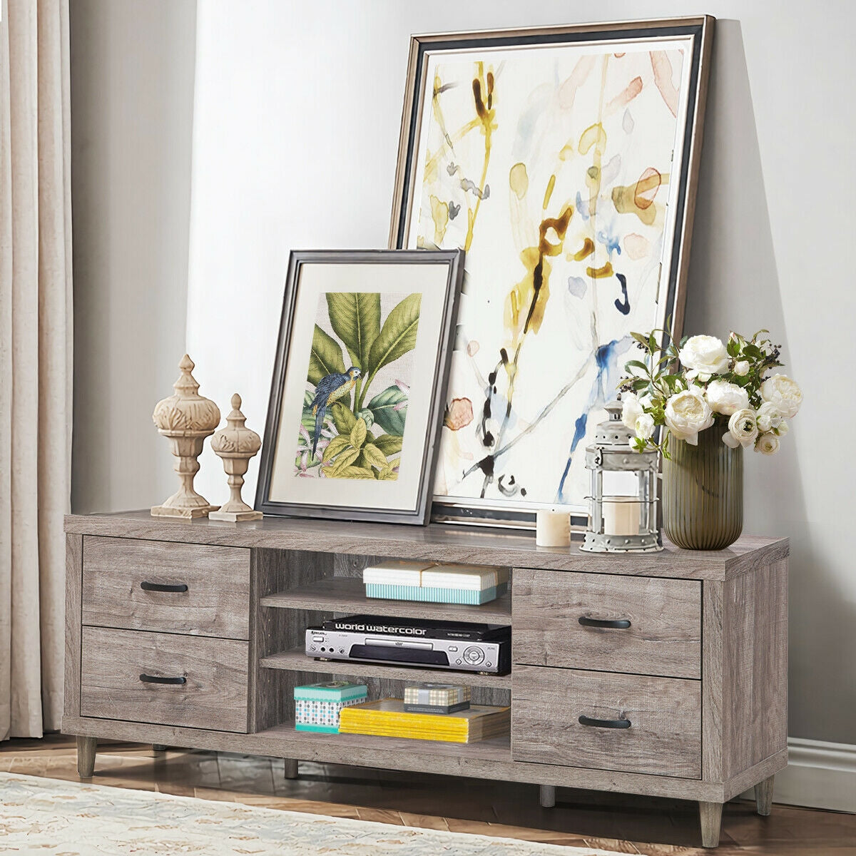 Retro Wooden TV Stand with 3 Open Shelves and 4 Drawers