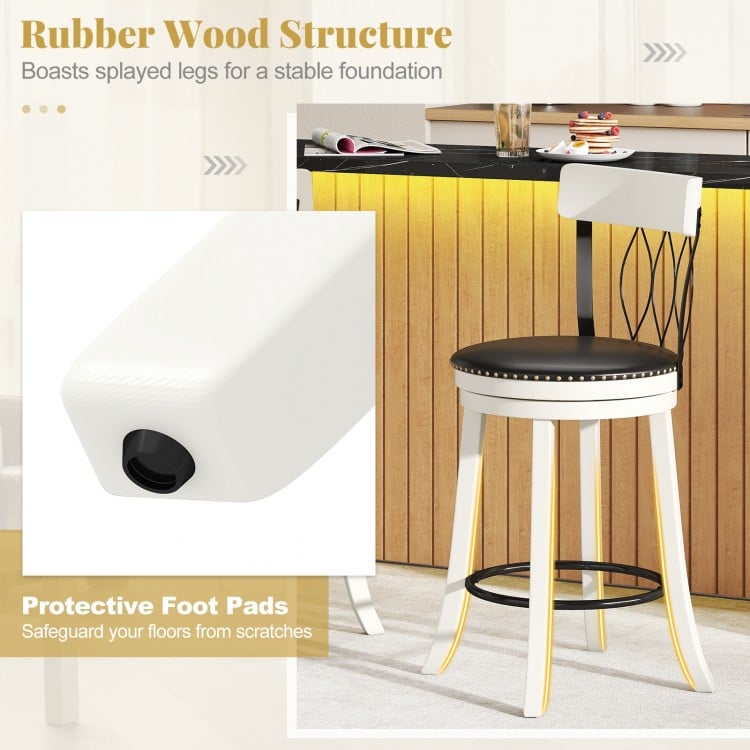Set of 2 Bar Stools Swivel Bar Chairs with Footrest Rubber Wood Frame and Tufted Rivets-26 inches