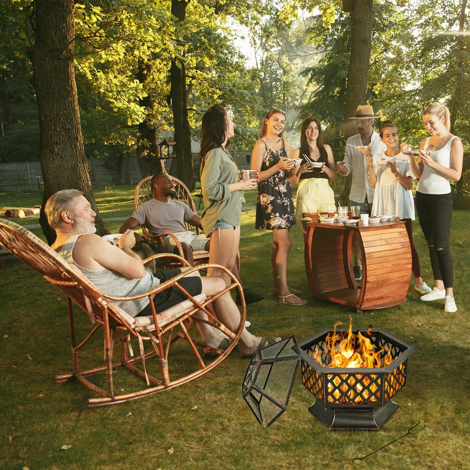 26 Inch Hex-shaped Portable Wood Burning Firepit Bowl with Screen Cover and Poker