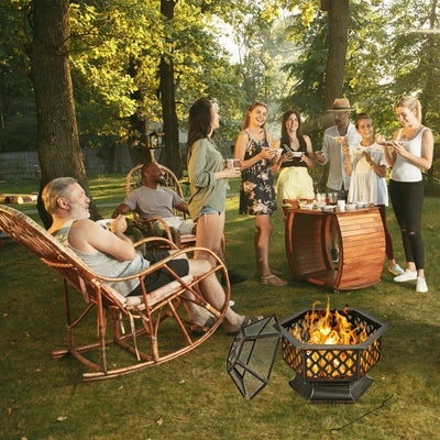 26 Inch Hex-shaped Portable Wood Burning Firepit Bowl with Screen Cover and PokerÂ 