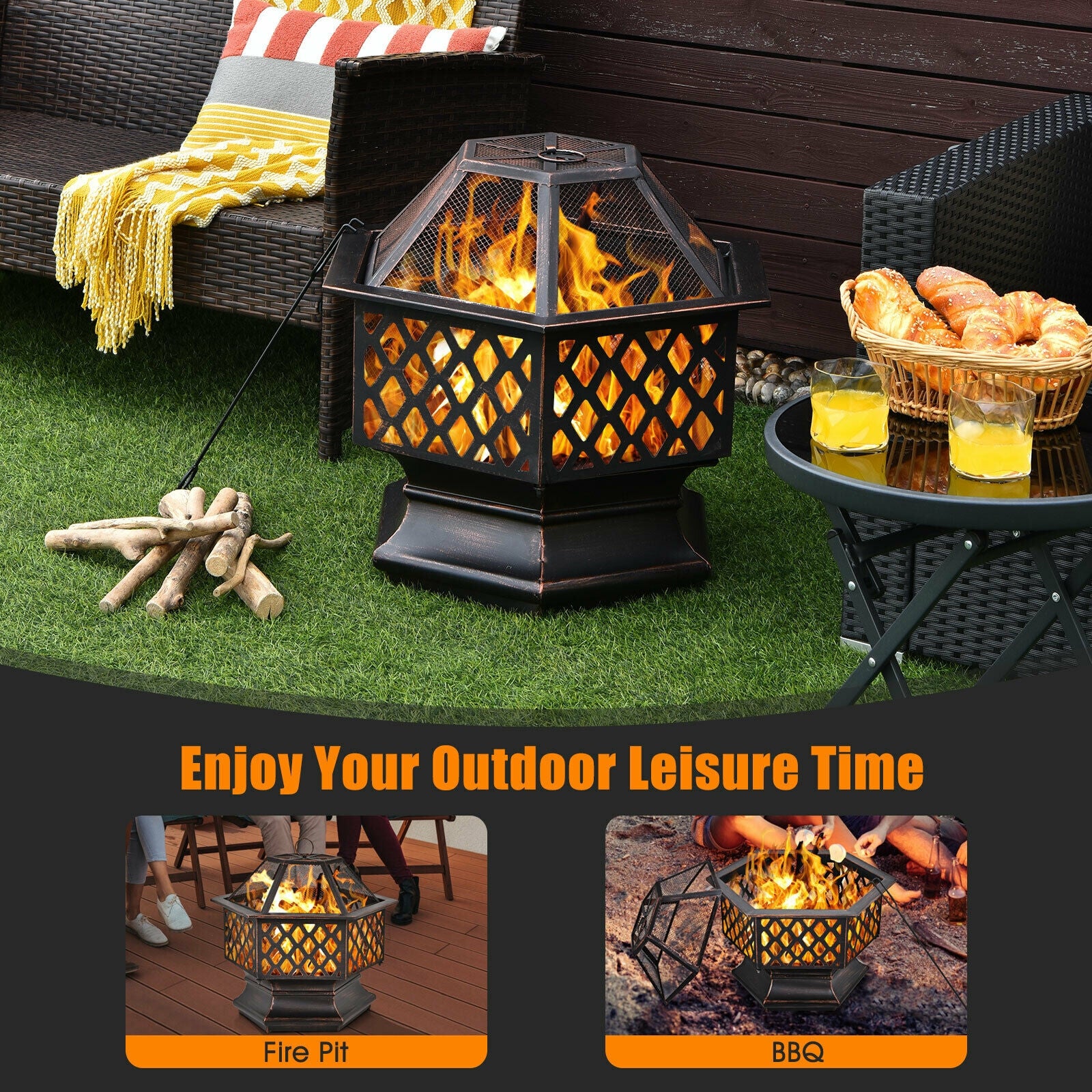 26 Inch Hex-shaped Portable Wood Burning Firepit Bowl with Screen Cover and Poker