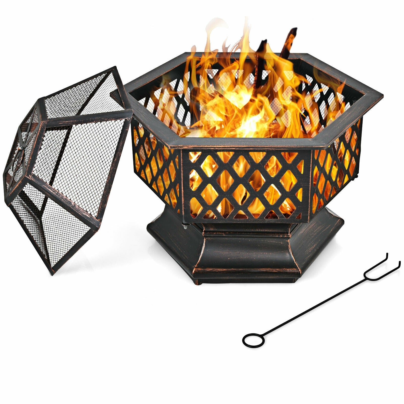 26 Inch Hex-shaped Portable Wood Burning Firepit Bowl with Screen Cover and Poker