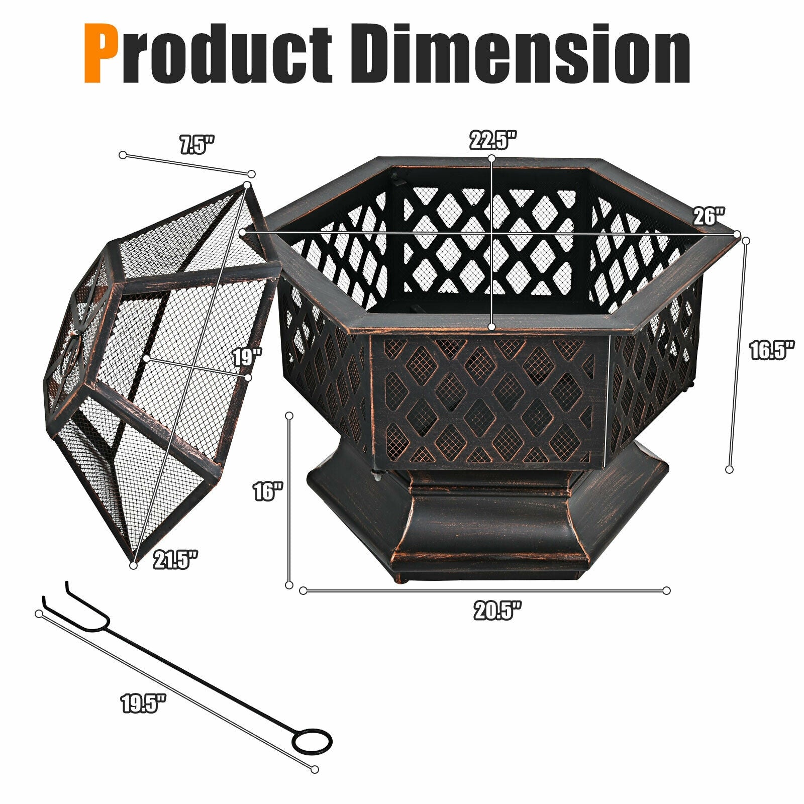 26 Inch Hex-shaped Portable Wood Burning Firepit Bowl with Screen Cover and Poker