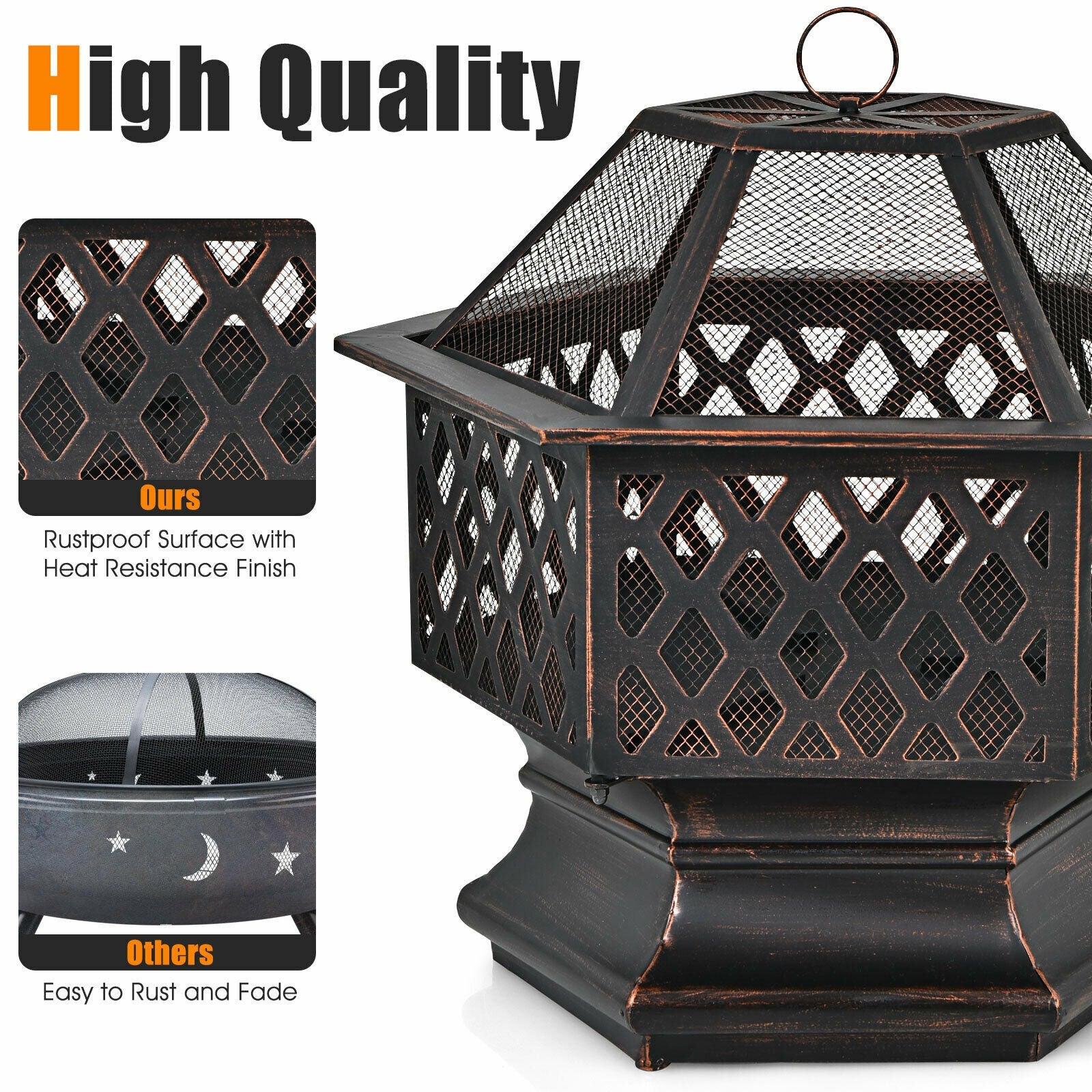 26 Inch Hex-shaped Portable Wood Burning Firepit Bowl with Screen Cover and Poker