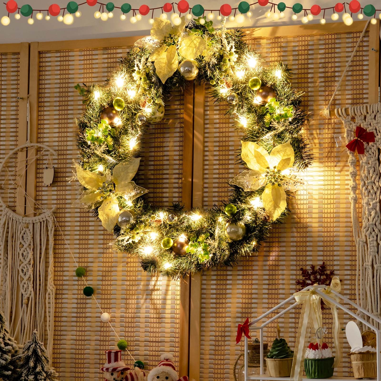 24-Inch Pre-lit Artificial Christmas Wreath with Mixed Decorations