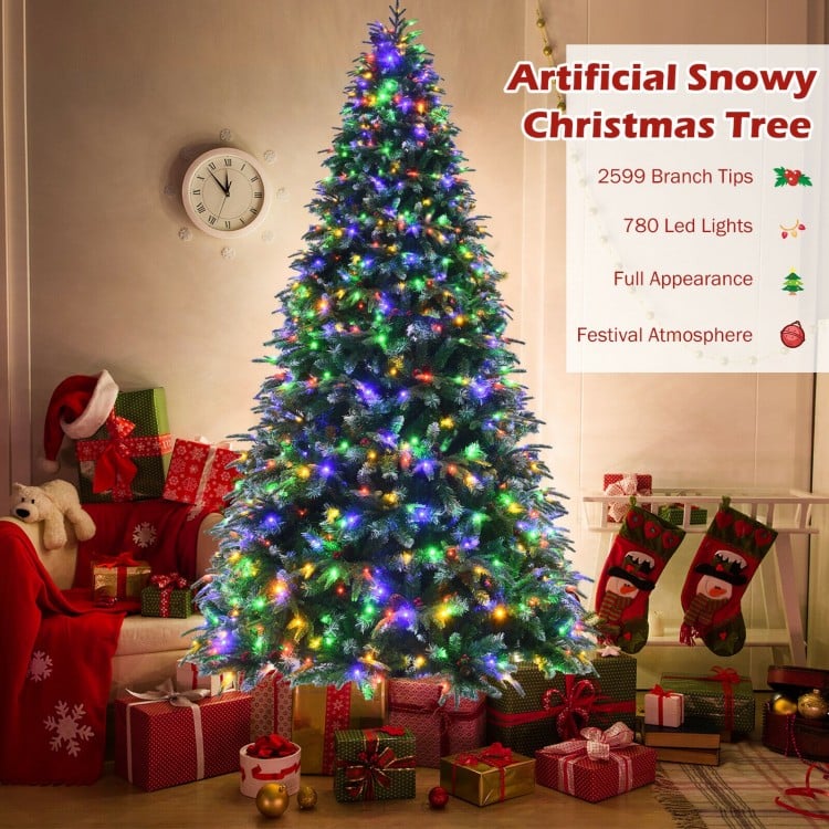 Pre-Lit Snowy Christmas Hinged Tree with Multi-Color Lights-9'