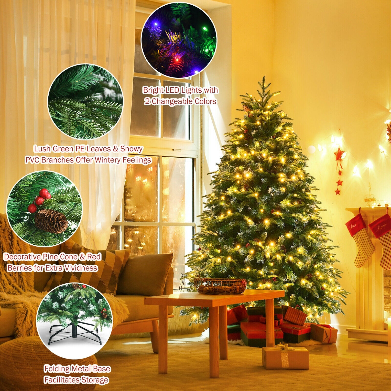 Pre-Lit Snowy Christmas Hinged Tree with Flash Modes and Multi-Color Lights-5 ft