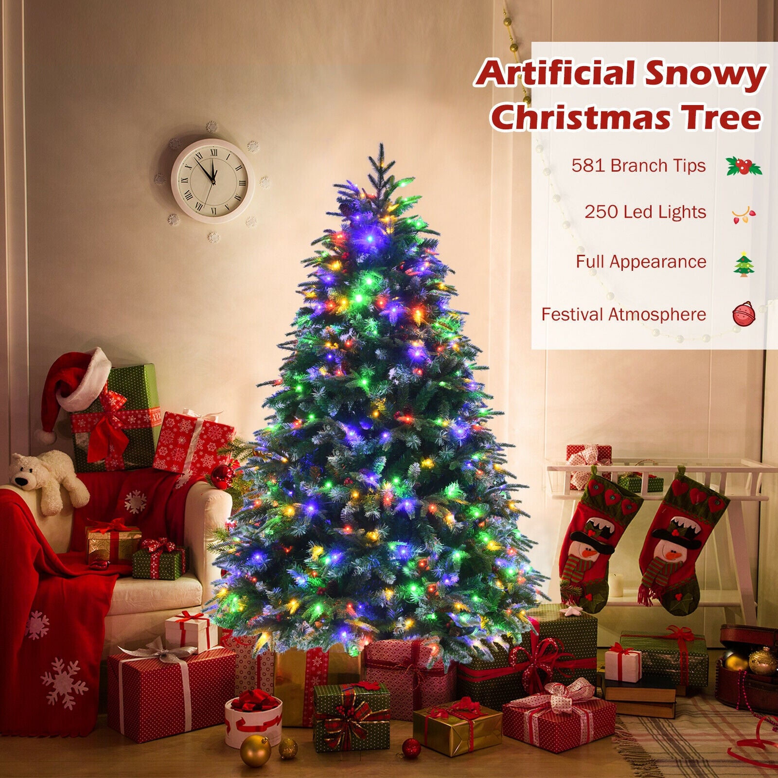 Pre-Lit Snowy Christmas Hinged Tree with Flash Modes and Multi-Color Lights-5 ft