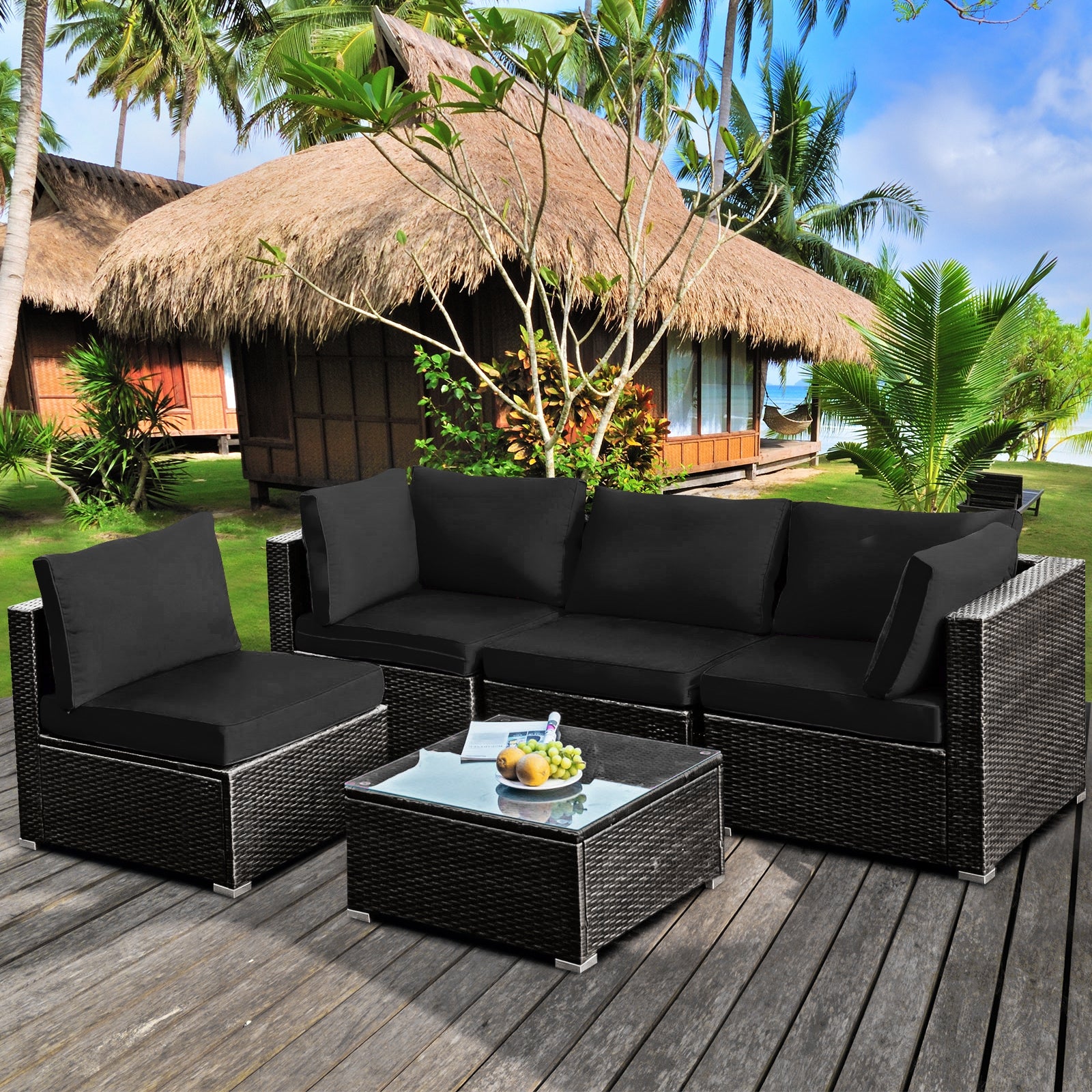 5 Pieces Cushioned Patio Rattan Furniture Set with Glass Table-Black 