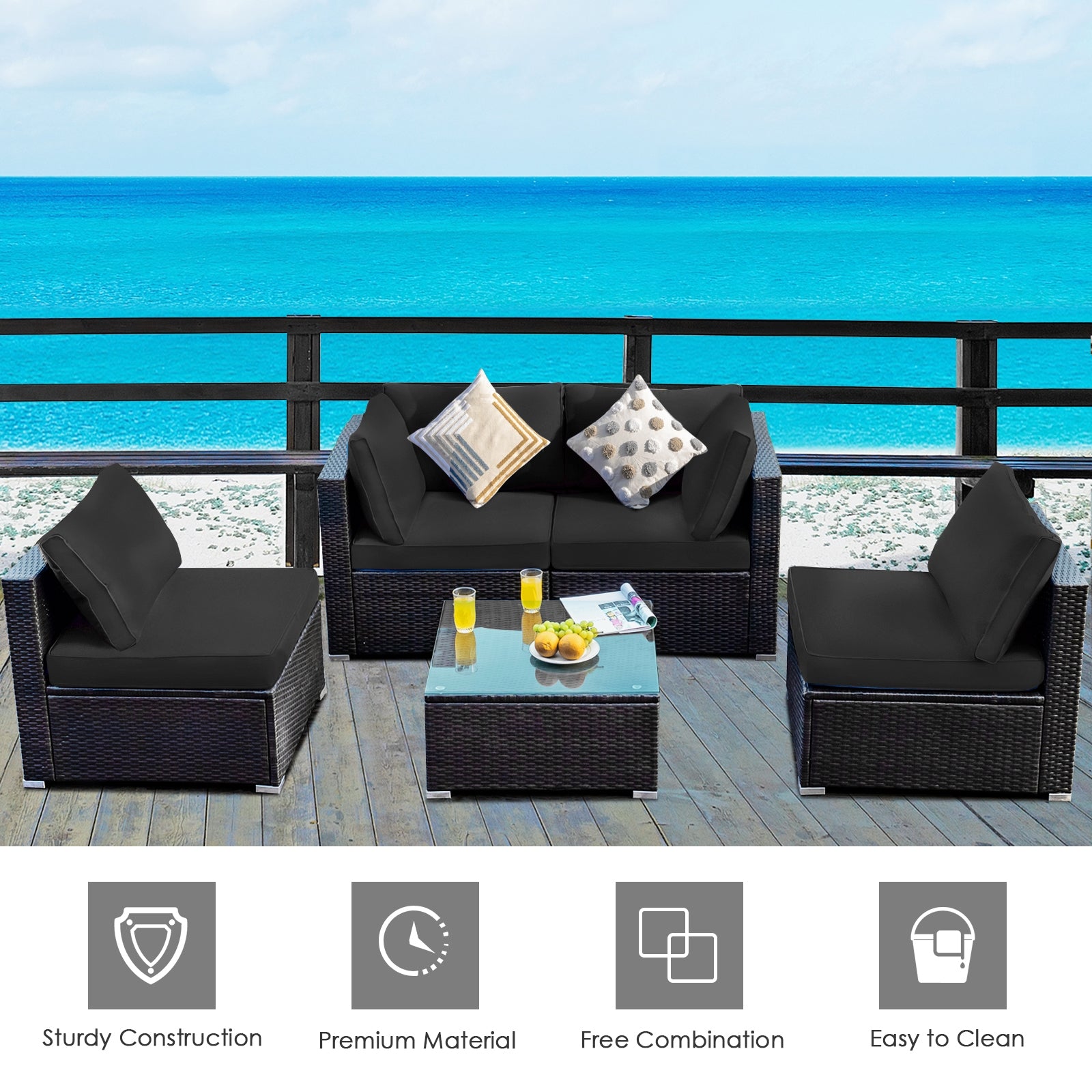 5 Pieces Cushioned Patio Rattan Furniture Set with Glass Table-Black