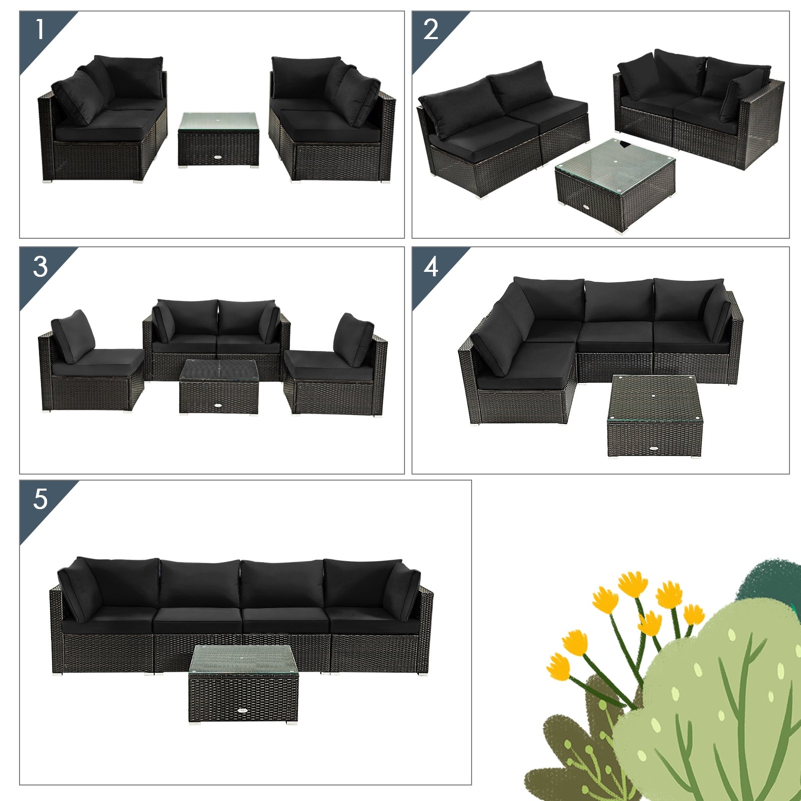 5 Pieces Cushioned Patio Rattan Furniture Set with Glass Table-Black