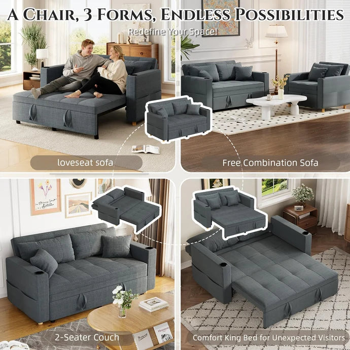 63" 3-in-1 Convertible Sleeper Sofa Bed with Adjustable Backrest & Cup Holders
