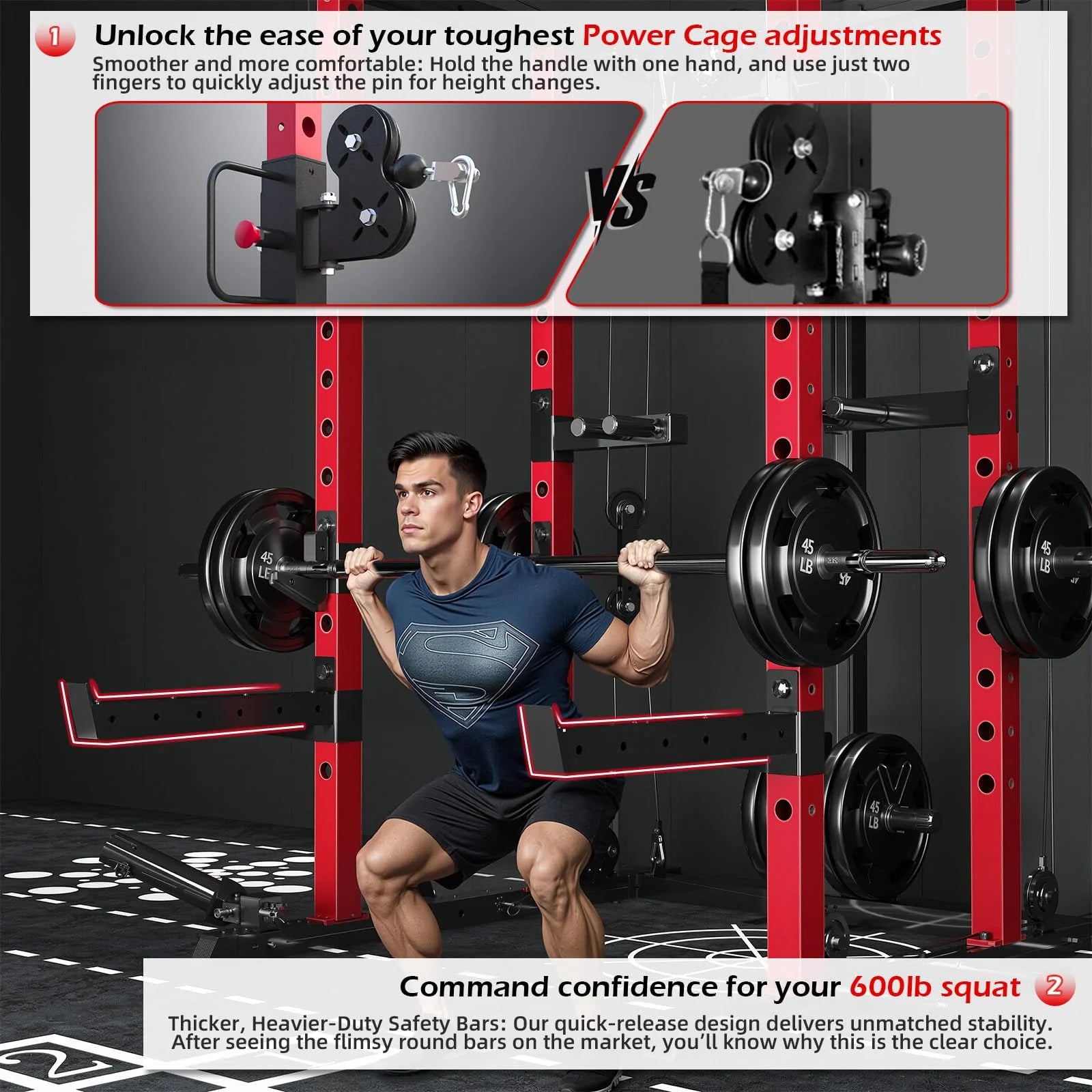 YODOLLA Power Squat Rack Cage with LAT Pulldown – Full Body Home Gym System (Black/Red)