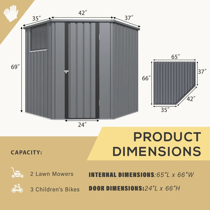 Corner Outdoor Storage Shed with Openable Windows – Dark Grey Metal Garden Storage Shelter