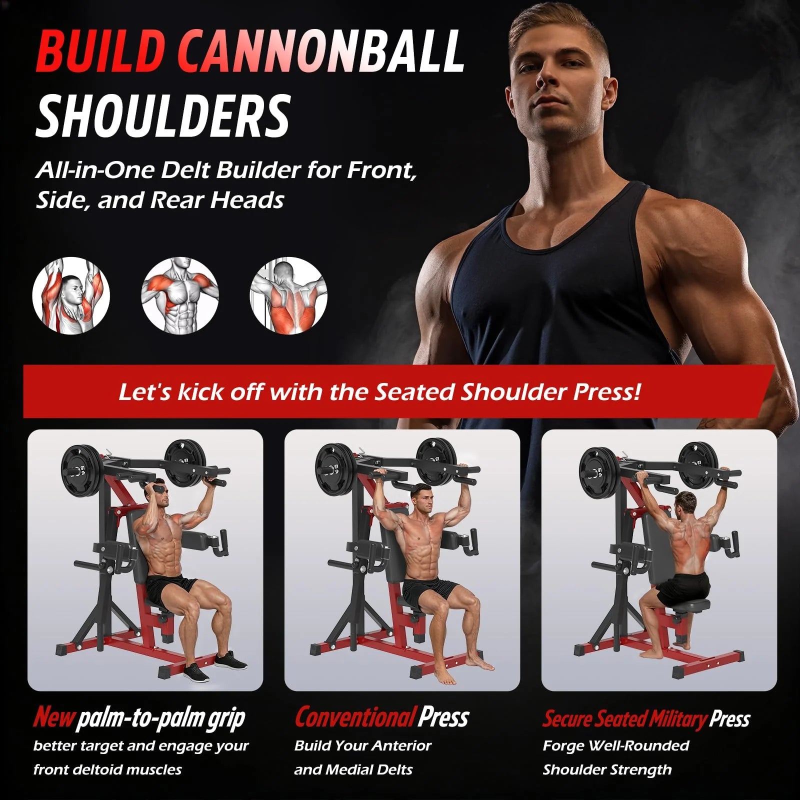 YODOLLA 3-in-1 Shoulder Press & Deltoid Machine – Adjustable Upper Body Workout Trainer (Black/Red)