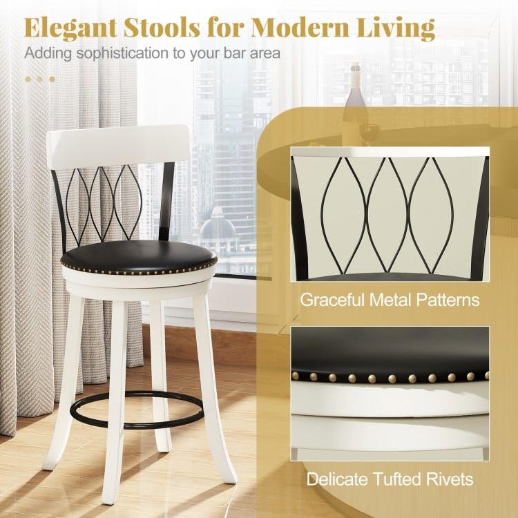 Set of 2 Bar Stools Swivel Bar Chairs with Footrest Rubber Wood Frame and Tufted Rivets-26 inches