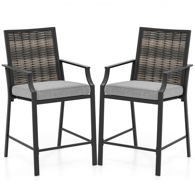 Patio Bar Stools Set of 2 Counter Height Rattan Bar Chairs with Armrest-Grey