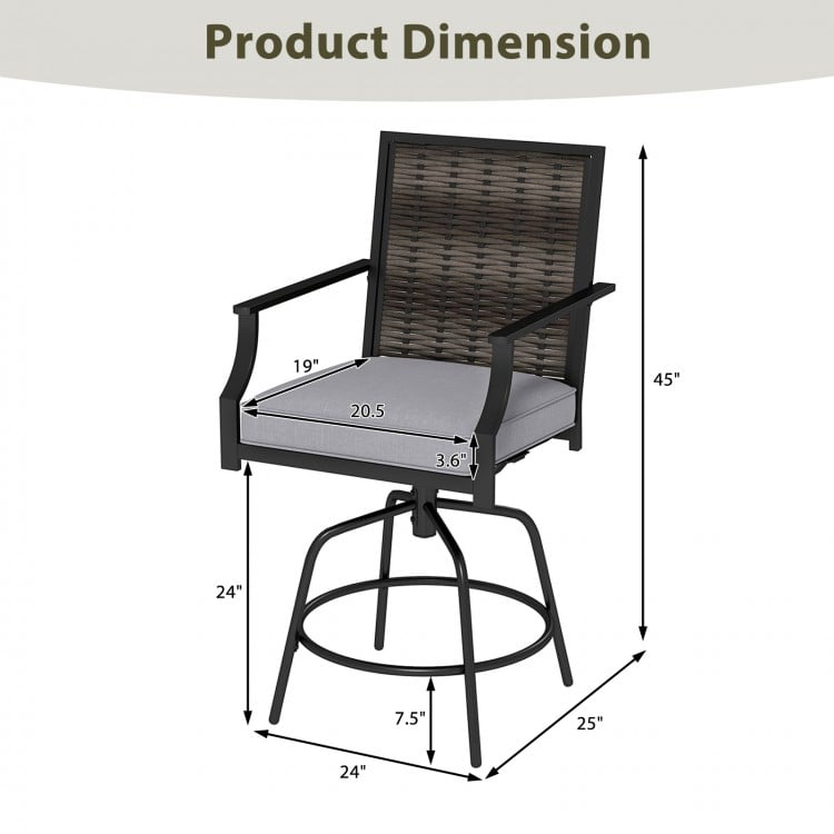 Outdoor PE Wicker Swivel Bar Stools Set of 2 Counter Height Patio Chairs with Back-Grey