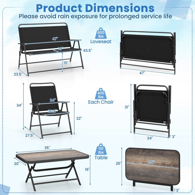 4 Pieces Patio Folding Furniture Set with SPC Coffee Table and Patio Chairs-Black