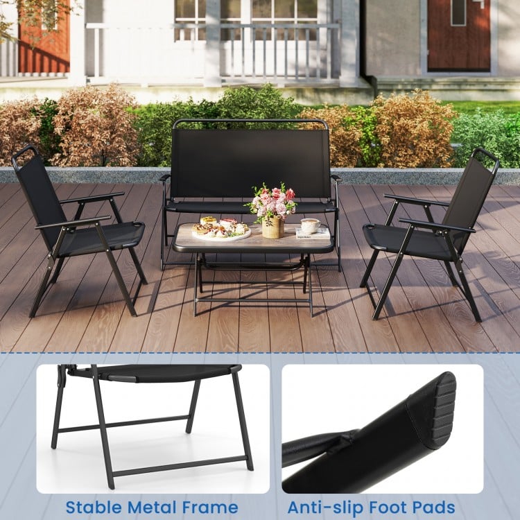 4 Pieces Patio Folding Furniture Set with SPC Coffee Table and Patio Chairs-Black