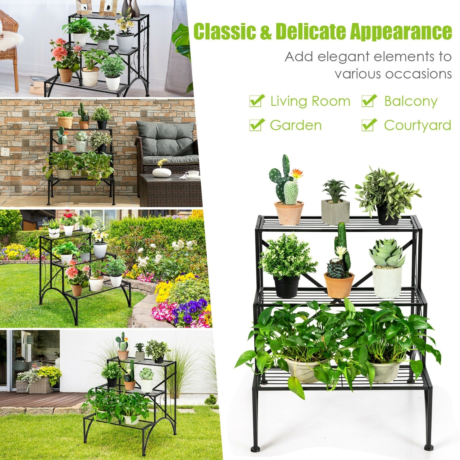 3-Tier Metal Plant Rack Garden Shelf in Stair Style