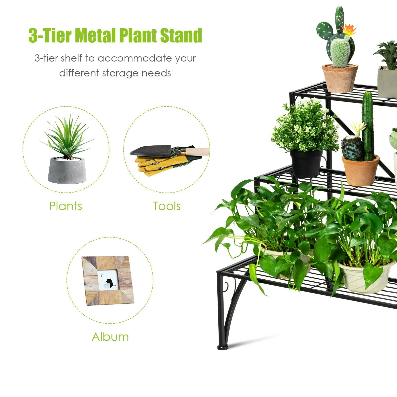 3-Tier Metal Plant Rack Garden Shelf in Stair Style