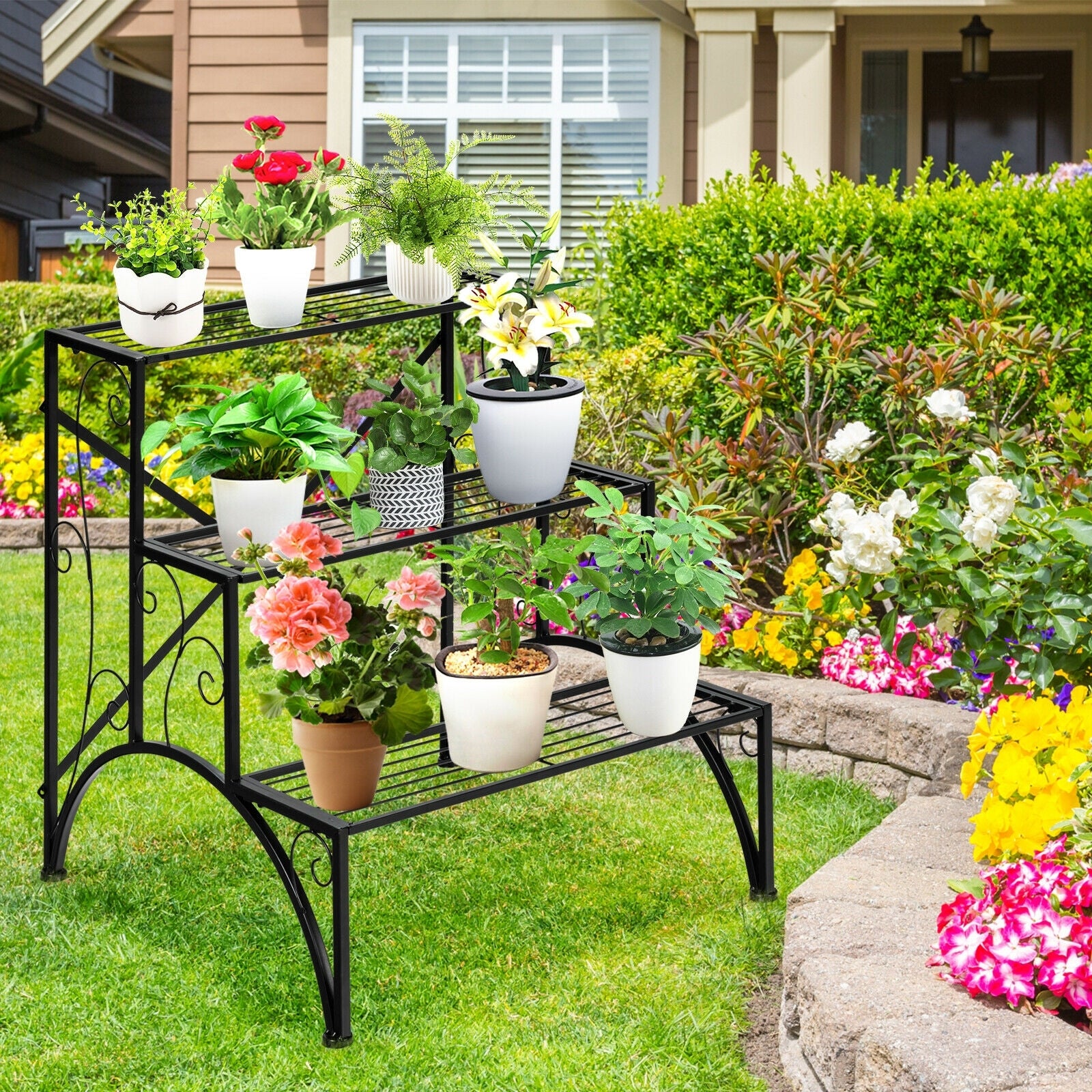 3-Tier Metal Plant Rack Garden Shelf in Stair Style