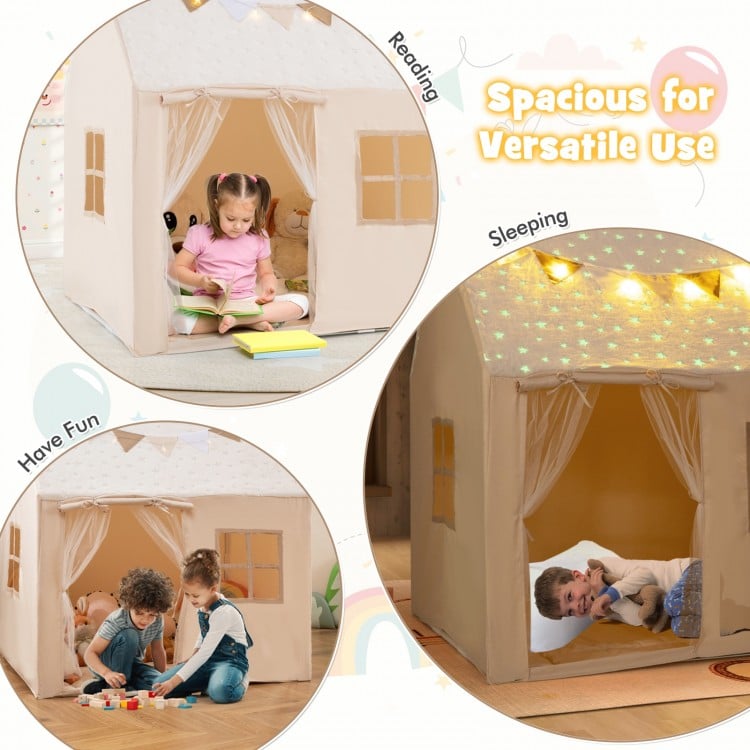Kids Play Tent Large Playhouse with Glow in the Dark Stars and Mat-Beige