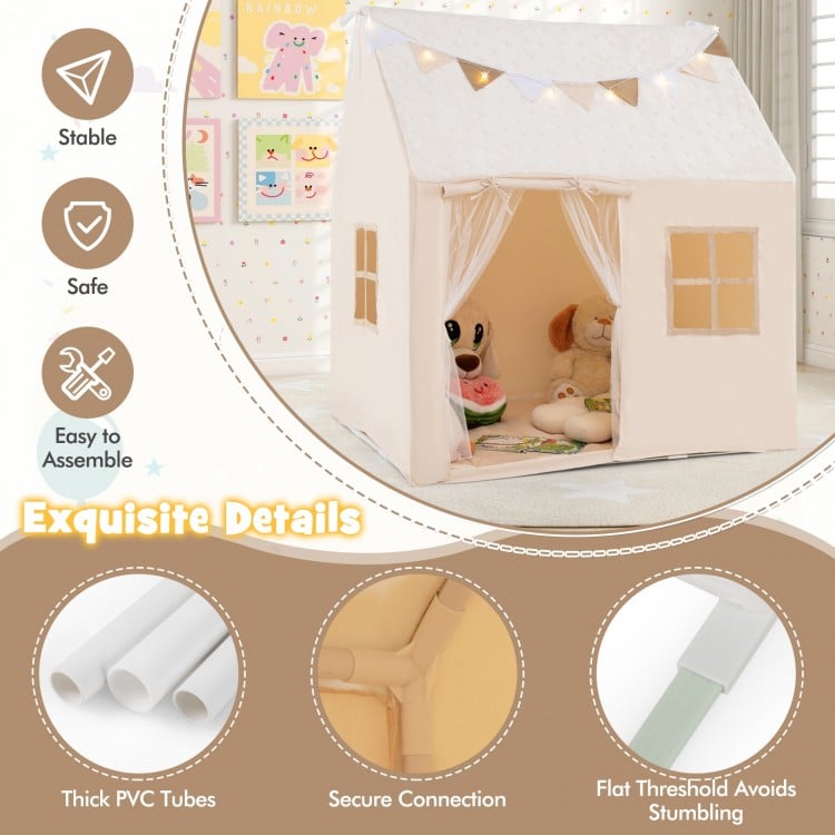 Kids Play Tent Large Playhouse with Glow in the Dark Stars and Mat-Beige