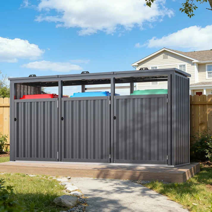 7.7 × 2.6 FT Outdoor Garbage Bin Storage Shed – Metal Enclosure for 3 Trash Cans with Lockable Doors & Lift-Up Lids