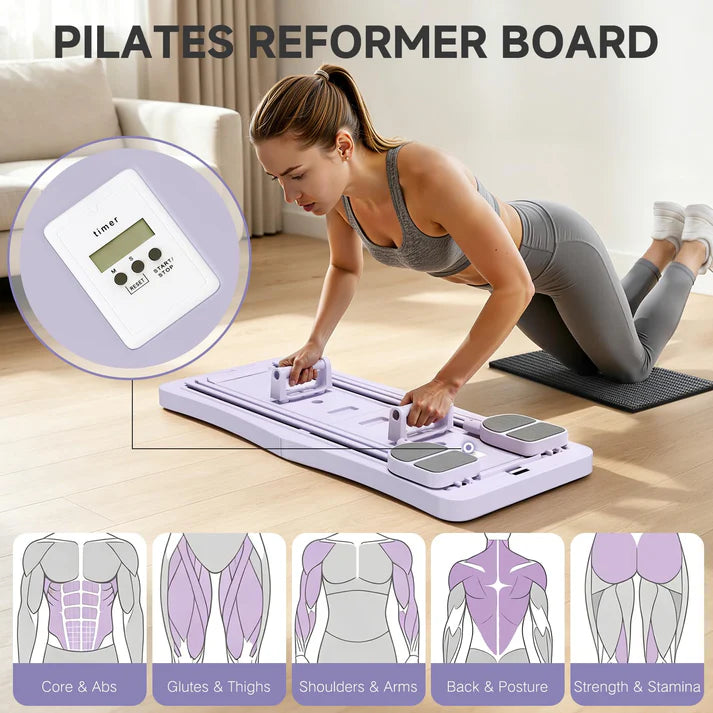 5-in-1 Foldable Pilates Reformer Board with LED Counter | Home Fitness Workout Board with Resistance Bands, Purple or Black