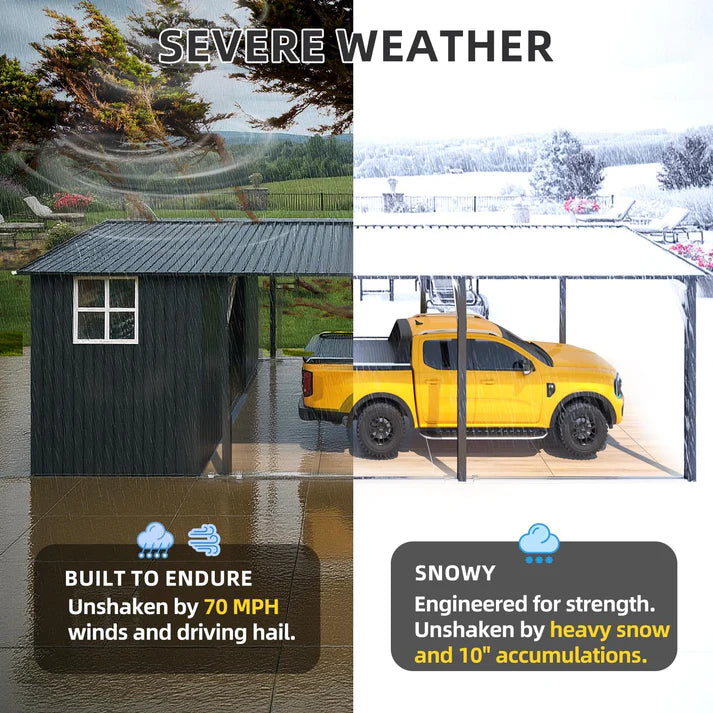 YODOLLA 12' x 23' Outdoor Storage Shed & Heavy Duty Metal Carport Shelter – Waterproof Weather-Resistant Garage with Locking Storage Room, Dark Grey