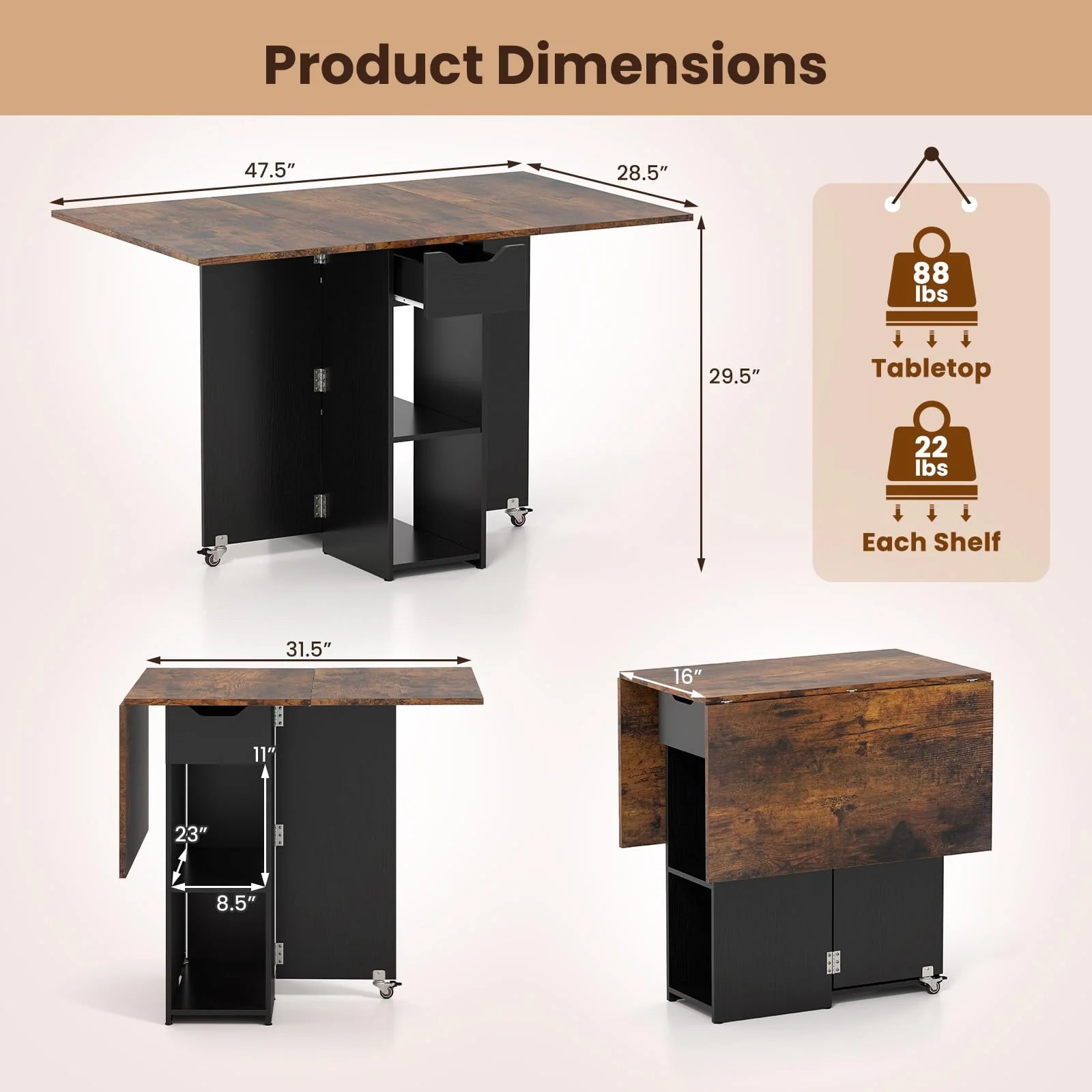 47.5" Folding Dining Table with Storage Shelf & Drawer | 3-in-1 Drop Leaf Table