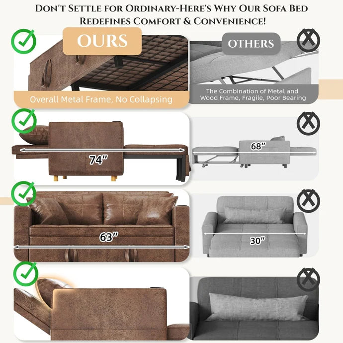 63" 3-in-1 Convertible Sleeper Sofa Bed with Adjustable Backrest & Cup Holders
