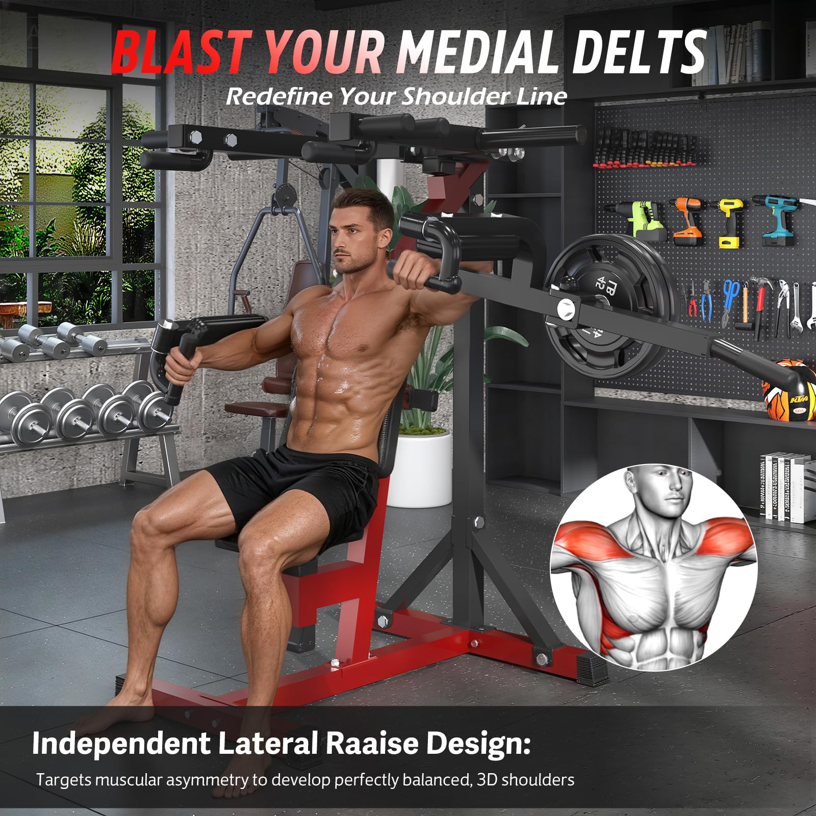 YODOLLA 3-in-1 Shoulder Press & Deltoid Machine – Adjustable Upper Body Workout Trainer (Black/Red)