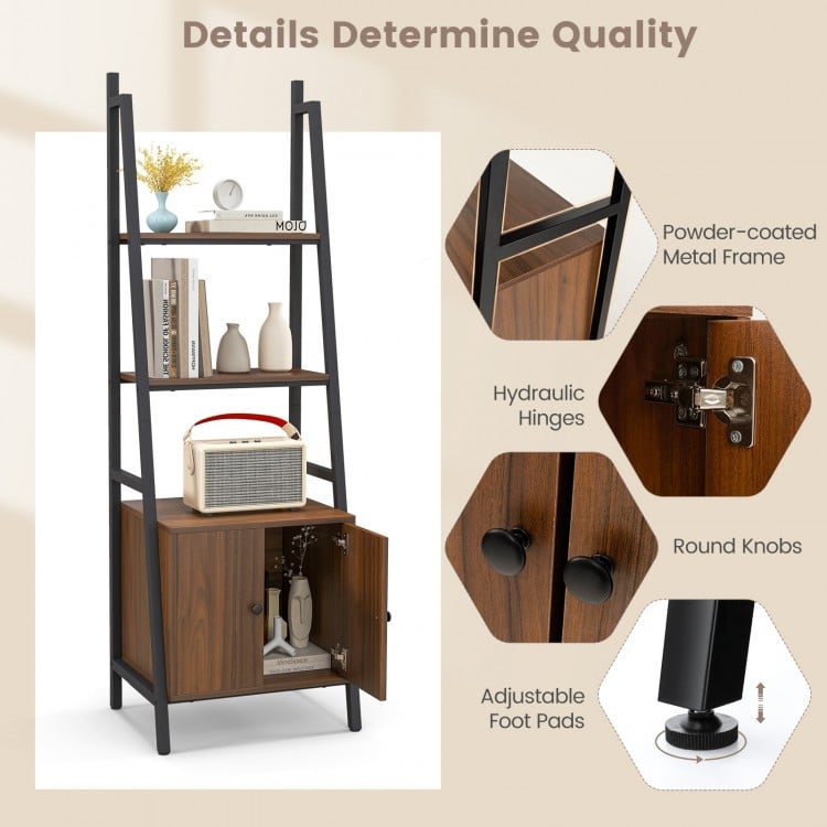 4-Tier Ladder Shelf with Cabinet and Metal Frame-Rustic Brown
