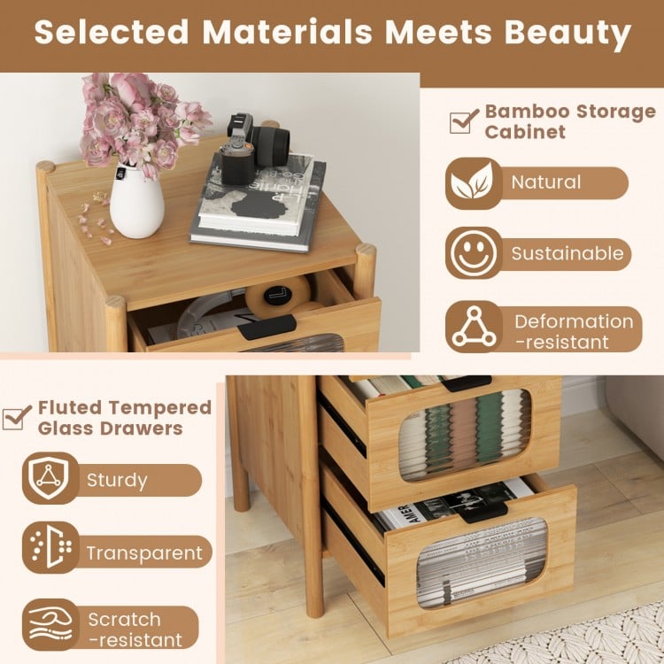 4-Drawer Dresser Bamboo Storage Cabinet with Fluted Tempered Glass Drawers-Natural