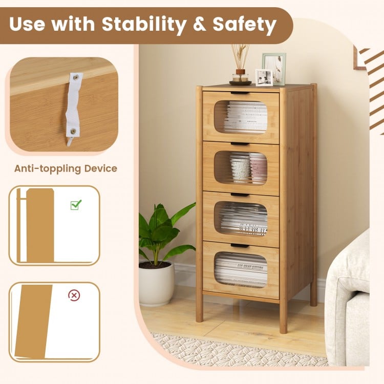 4-Drawer Dresser Bamboo Storage Cabinet with Fluted Tempered Glass Drawers-Natural