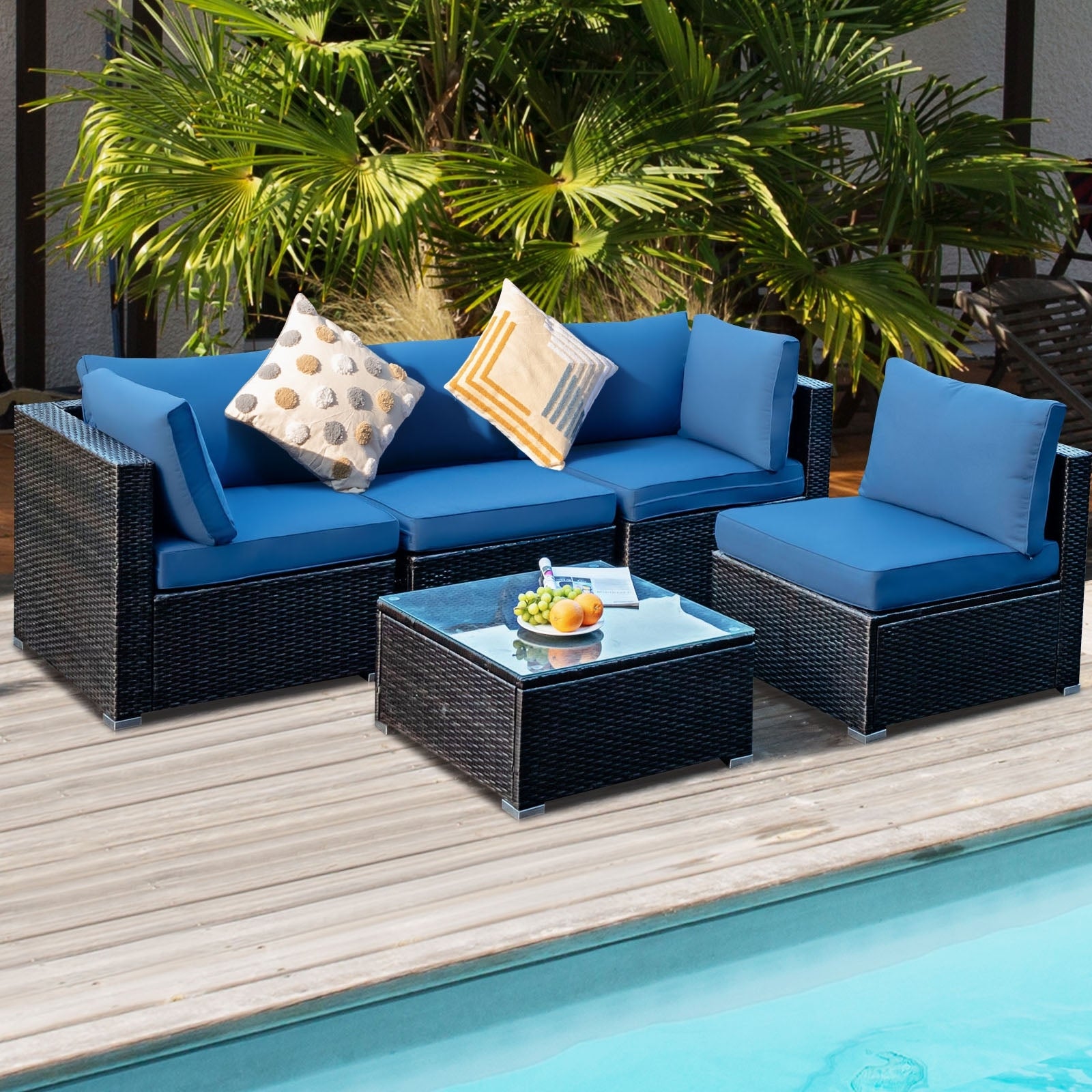 5 Pieces Cushioned Patio Rattan Furniture Set with Glass Table-Navy