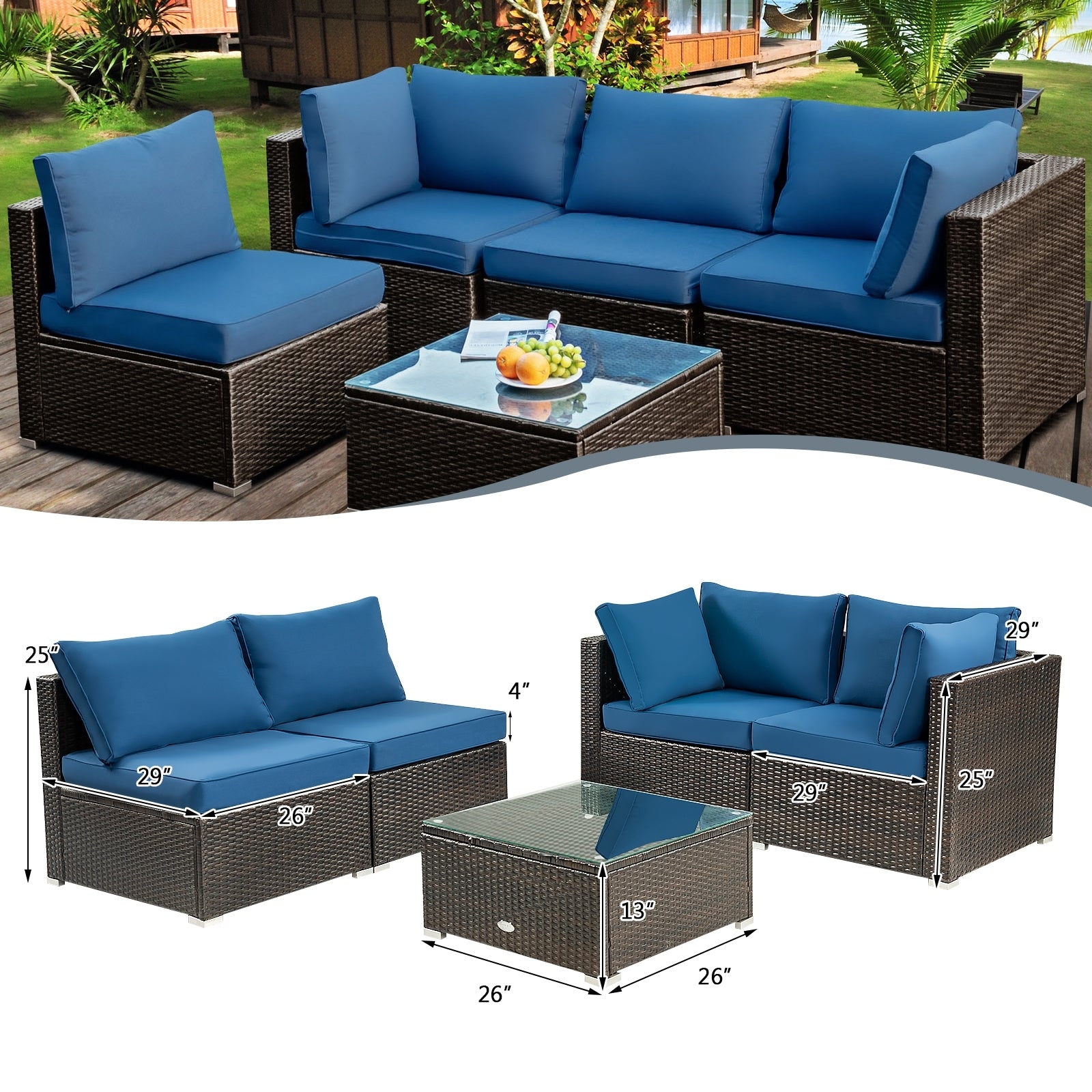 5 Pieces Cushioned Patio Rattan Furniture Set with Glass Table-Navy