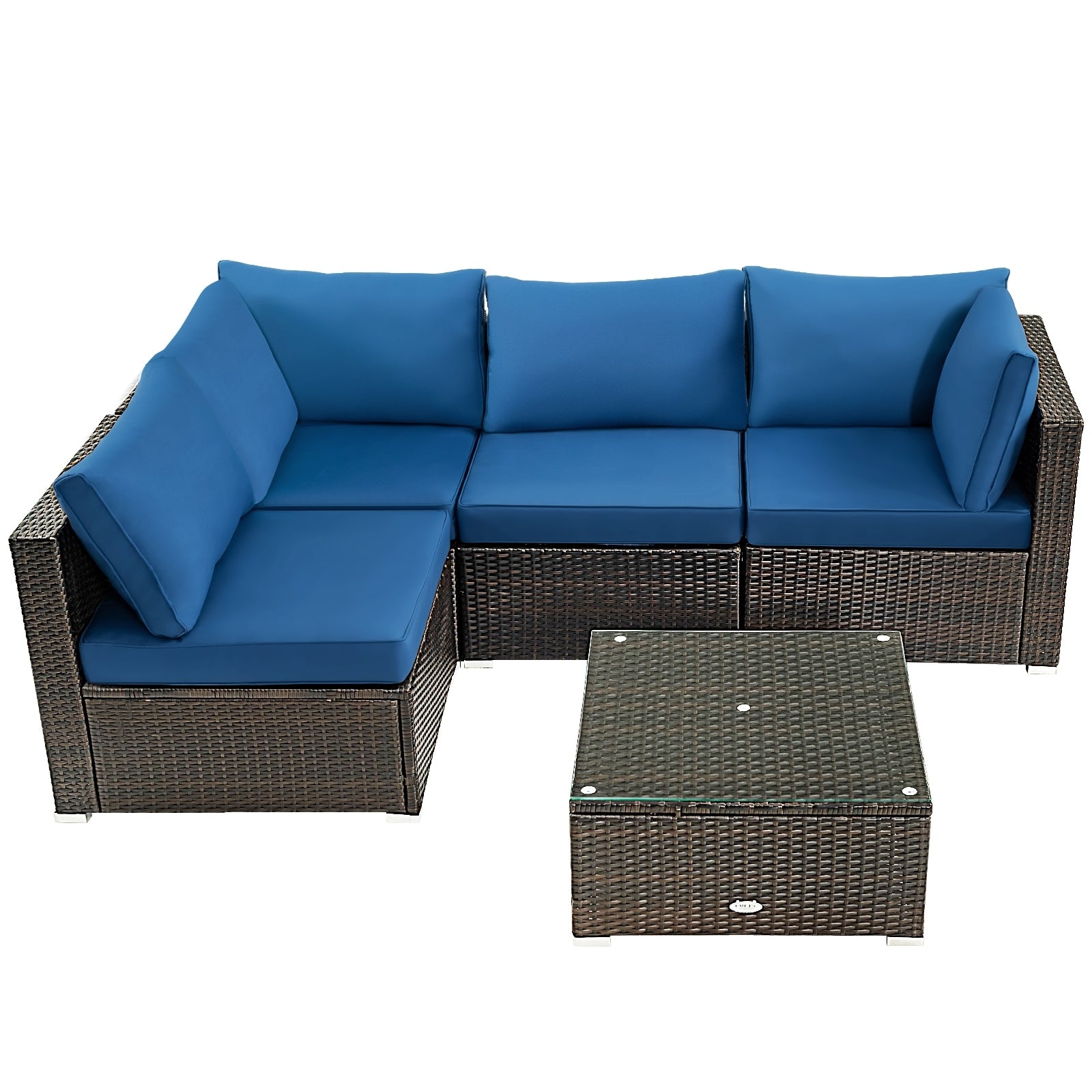 5 Pieces Cushioned Patio Rattan Furniture Set with Glass Table-Navy