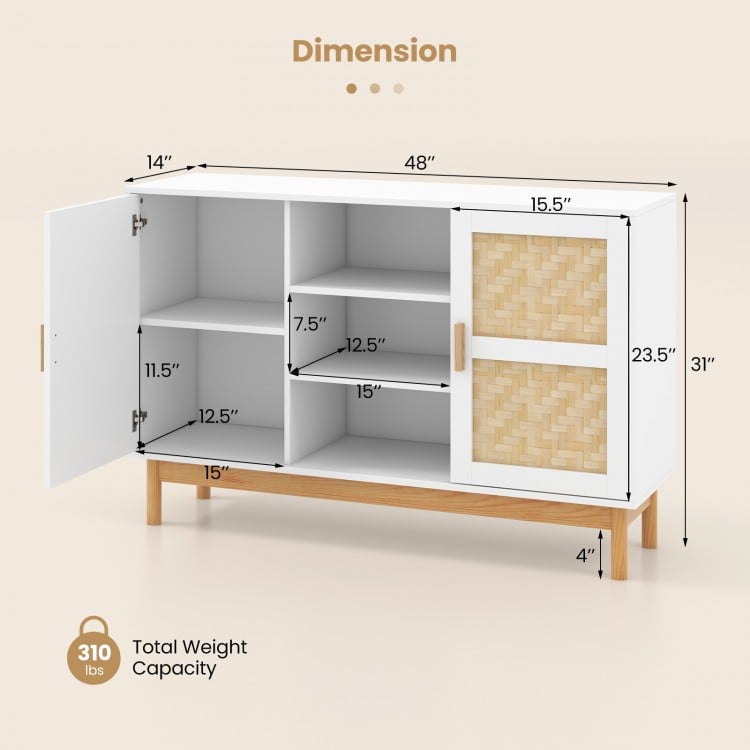48 Inch Sideboard Buffet Cabinet Floor Storage Cabinet with 2 Bamboo Woven Doors-White